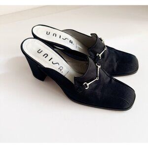 Vintage Unisa Black Satin Horsebit Detail Block Heel Slides 7.5B